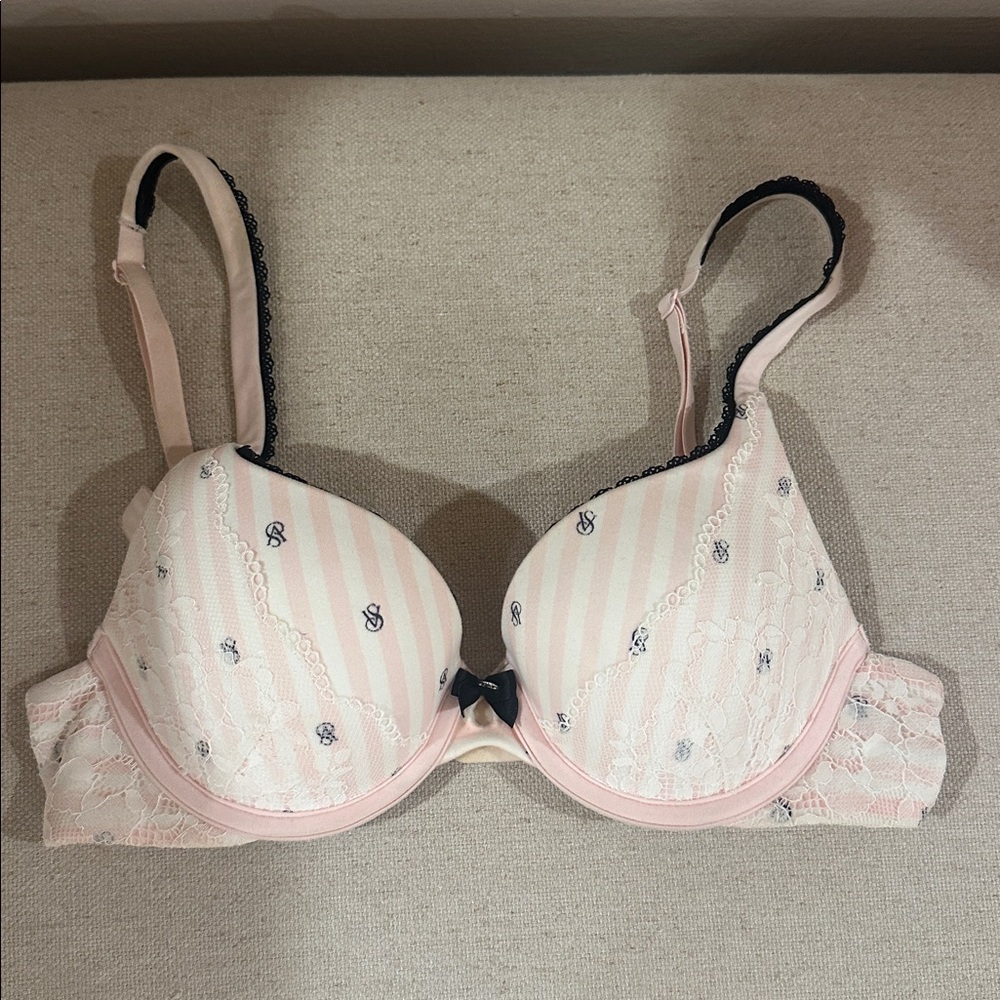 Vintage Victoria Secret Pink and White Striped Bra with Lace Detail RARE